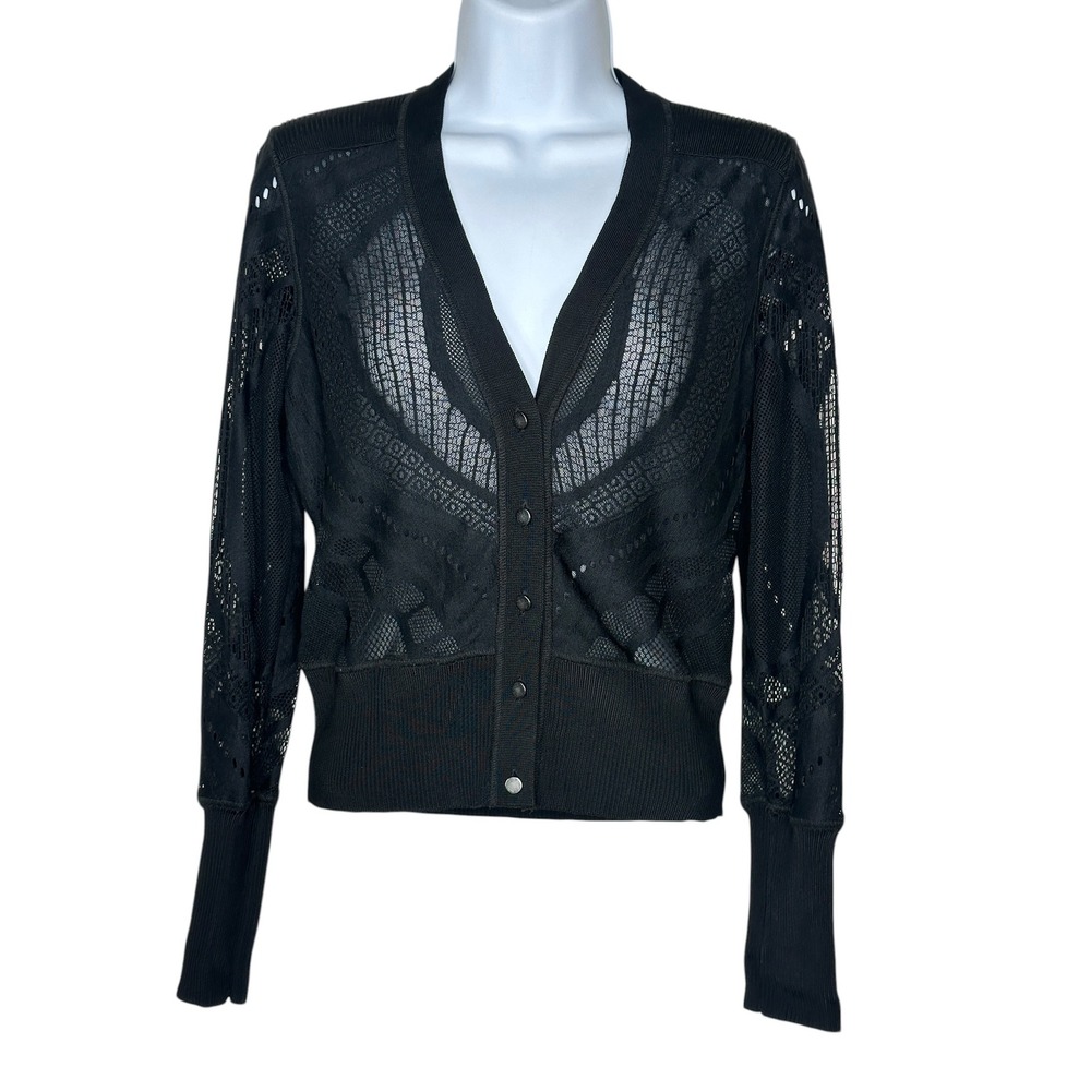 VTG Cache Cardigan Medium Black Sheer Lace Mesh V-Neck Button Front L/S Y2K 90s - Picture 2 of 8